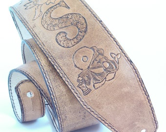 Personalized guitar strap with carvings, custom leather lined belt,