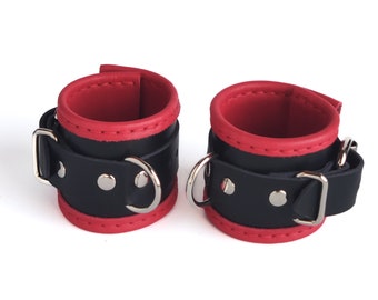 Red and Black Leather Wrist Restraints, BDSM Handcuffs, Bondage Cuffs, Submissive Fetish, Sub Slave, Handmade Adult Toys, Sexy Kink Gear