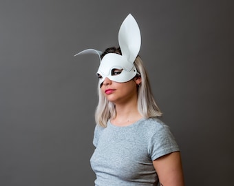 Sexy white BDSM leather rabbit mask, bunny girl fetish costume