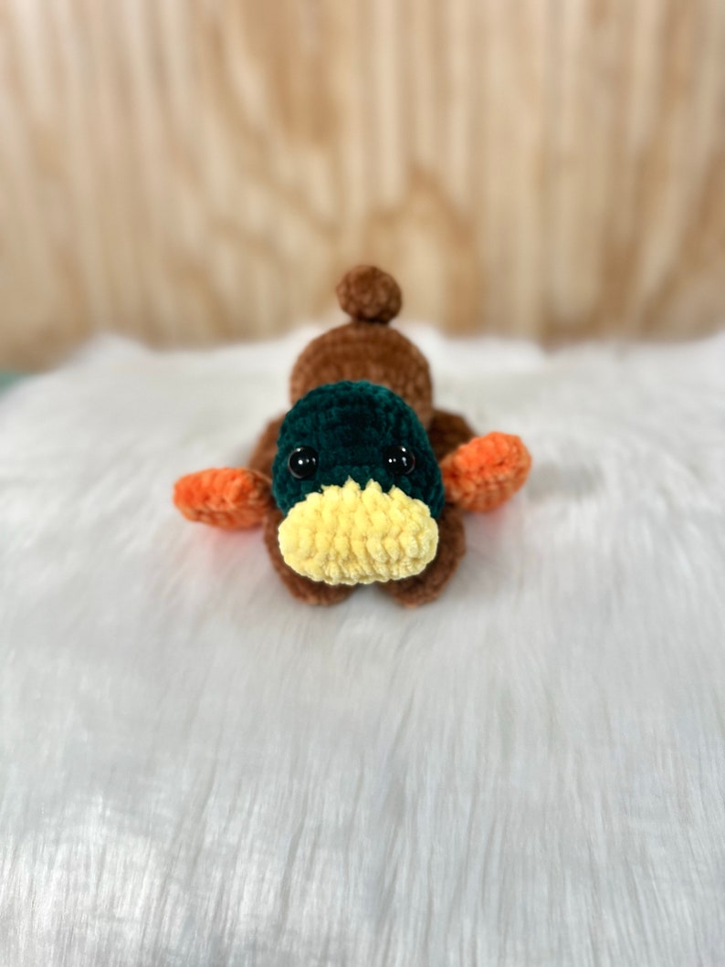 May include: A crocheted duck plush toy with brown, green, orange, and yellow yarn. The duck has black eyes and a yellow beak.