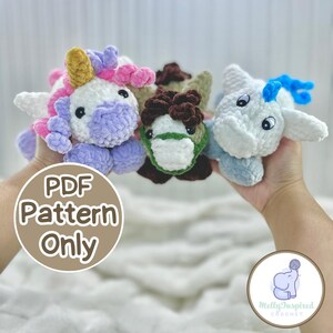 May include: Three handmade crochet plush animals: a unicorn with a yellow horn and pink mane, a brown horse, and a blue horse. The text "PDF Pattern Only" is in a circle. The logo for MellyInspired Crochet is in the bottom right corner.