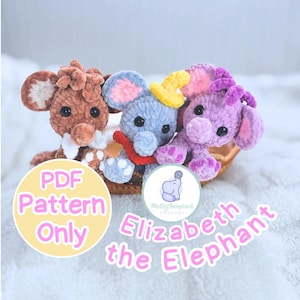 May include: Three crocheted elephant plushies in brown, blue, and purple. The brown elephant has a white bow tie, the blue one wears a yellow hat, and the purple one has purple hair. The image also includes the text "PDF Pattern Only" and "Elizabeth the Elephant".