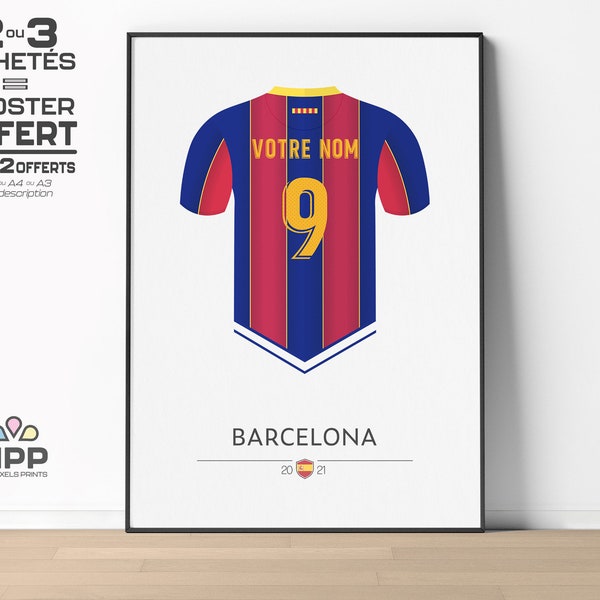 BARCELONA | 20-21 | Anpassbarer Name und Nummer – beflocktes Fußballtrikot – minimalistisches Poster – Poster