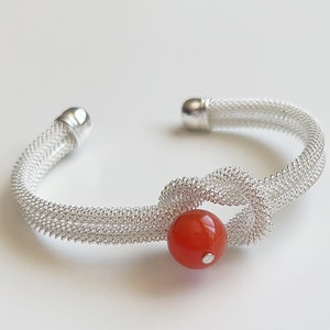 Southern Red Agate Bracelet | Nanhong Agate Bracelet | Natural Gemstone | Cuff Bracelet | Knot Design Bracelet | Silver Braided Bracelet