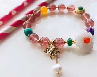 Bracelet à quartz aux fraises | Bracelet Duobao | Bracelet en cristal | Bracelet perlé | Bracelet en cristal naturel | Cadeau de femmes