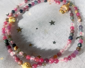 Pulsera de turmalina multicolor / Pulsera de piedras preciosas naturales / Pulsera de envoltura / Pulsera de cuentas / Pulsera de encanto / Bebé Buda / Regalo de mujer