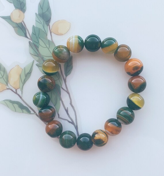 Green Agate Bracelet | Natural Gemstone Bracelet | Beaded Bracelet | Multi-colored Bracelet | Round Bead Bracelet | Mens Gift | Womens Gift