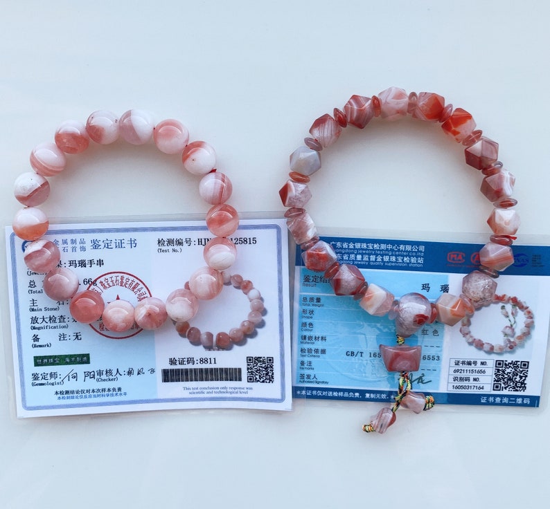 May include: Two red and white agate bracelets with authenticity certificates. The certificates include details like the material, weight, and color of the bracelets.