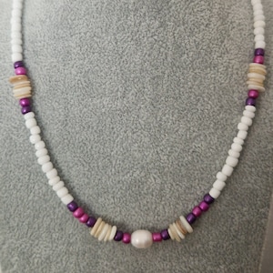 Bead and pearl necklace, shell and bead necklace,freshwater pearl necklace,purple bead necklace, beaded choker, beaded choker,shell necklace