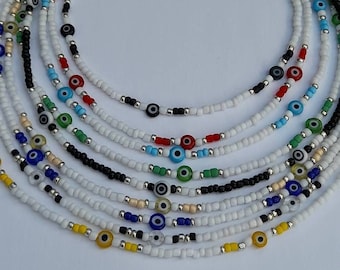 White evil eye beaded necklace, beaded necklace, evil eye necklace, seed bead necklace, beaded evil eye necklaces, mix beaded necklace,