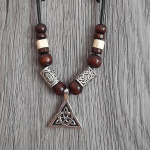 Trinity Knot necklace, Celtic knot necklace, Surfer Necklace,  faux leather Necklace, wood beads, adjustable Necklace