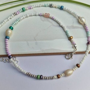 Beaded pearl necklace, freshwater pearl necklace, bead and pearl necklace, pastel bead necklace, beaded choker, pearl choker, dainty choker