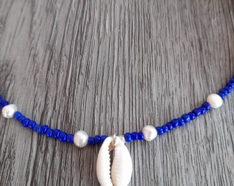 Blue bead pearl & shell necklace, pearl necklace, bead and shell necklace, beaded choker, pearl choker, cowrie shell choker, shell necklace