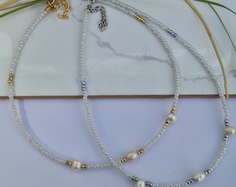 Beaded pearl necklace, pearl necklace, white and gold necklace, beaded choker, pearl choker, white ceylon and gold bead pearl necklace