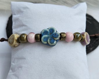 Blue and Pink Ceramic Bracelet, beaded bracelet, multicolour bracelet, adjustable bracelet, ceramic barcelet