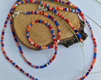 Red Salmon and Blue Single Strand Beaded Necklace, Beaded Necklace - Main Image