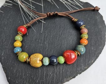 Love heart Ceramic Bracelet, beaded bracelet, multicolour bracelet, adjustable bracelet, ceramic bracelet, multicoloured bracelet