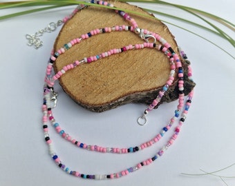 Pink and Blue Single strand beaded necklace, beaded necklace, Mixed bead necklace, seed bead necklace, blue and pink beaded necklaces