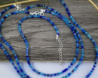 Blauwe enkele streng kralen ketting, kralen ketting, gemengde blauwe kralen ketting, zaad kralen ketting, kralen kettingen, mix kralen ketting