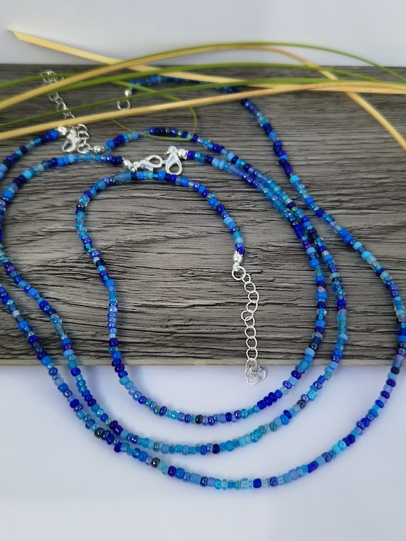 Blue Single Strand Beaded Necklace, Beaded Necklace, Mixed