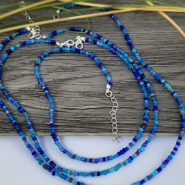 Blauwe enkele streng kralen ketting, kralen ketting, gemengde blauwe kralen ketting, zaad kralen ketting, kralen kettingen, mix kralen ketting