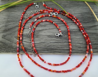 Red Single strand beaded necklace, beaded necklace, Mixed red bead necklace, seed bead necklace, beaded necklaces, mix beaded necklace
