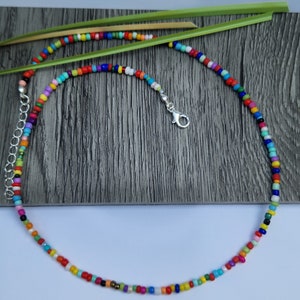 May include: A colorful beaded necklace with a silver clasp. The necklace features small, round beads in a variety of colors, including red, orange, yellow, green, blue, and purple. The necklace is displayed on a gray wooden surface.