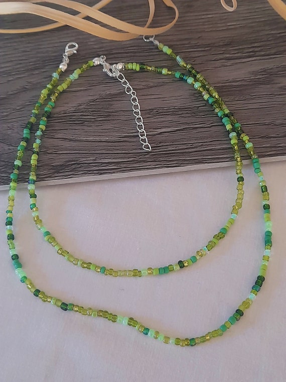 Olive Green and Tan Ginko Drop Czech Glass Beaded Necklace | ORCHID and OPAL