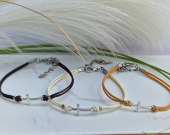 Cross bracelet, Silver cross bracelet, waxed polyester cord bracelet, cross charm bracelet, cord bracelet, 9 colours