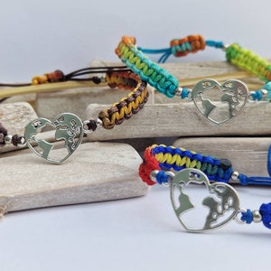Heart earth bracelet, love earth bracelet, world bracelet, heart bracelet, Macrame charm bracelet, save the earth charm