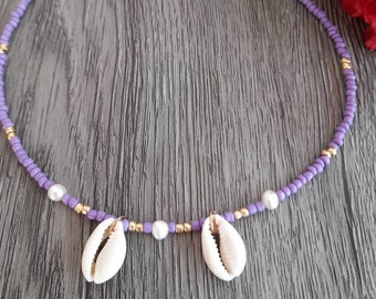 Purple Beaded pearl & shell necklace, pearl necklace, bead shell necklace, beaded choker, pearl choker, cowrie shell choker, shell necklace