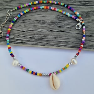 Beaded pearl & shell necklace, pearl necklace, bead and shell necklace, beaded choker, pearl choker, cowrie shell choker, shell necklace