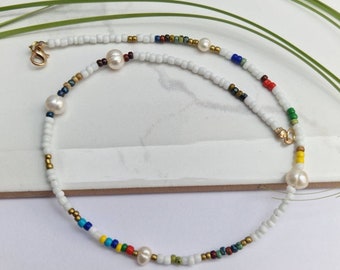 Collar de perlas con cuentas, collar de perlas de agua dulce, collar de perlas y cuentas, collar de cuentas brillantes, gargantilla de cuentas, gargantilla de perlas, gargantilla delicada