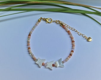 Crystal Beaded Bracelet, mother of pearl beaded bracelet, butterfly bracelet, dainty bracelet, crystal and pearl bracelet