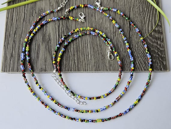 Single strand beaded necklace, multicoloured necklace, Striped bead necklace, seed bead necklace, beaded necklaces, striped beads