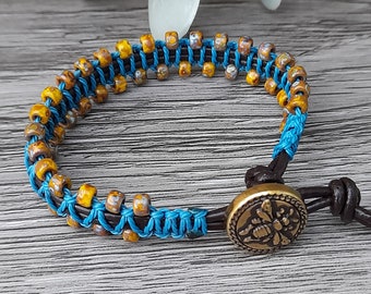 Single wrap beaded bracelet, Brown Blue Beaded wrap Bracelet, Beaded Macrame, friendship bracelet, Leather Bracelet, knotted bracelet