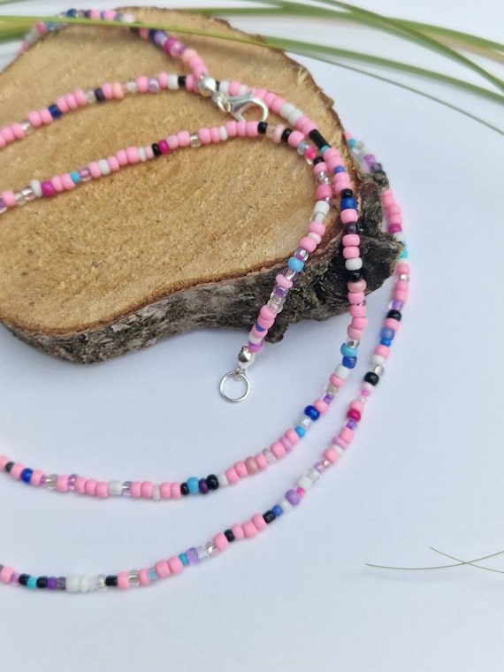 Pink and Blue Single Strand Beaded Necklace, Beaded Necklace Pink and Blue Single Strand Beaded Necklace, Beaded Necklace