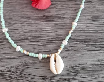 Beaded pearl & shell necklace, pearl necklace, mint green beaded necklace, beaded choker, pearl choker, cowrie shell choker, shell necklace