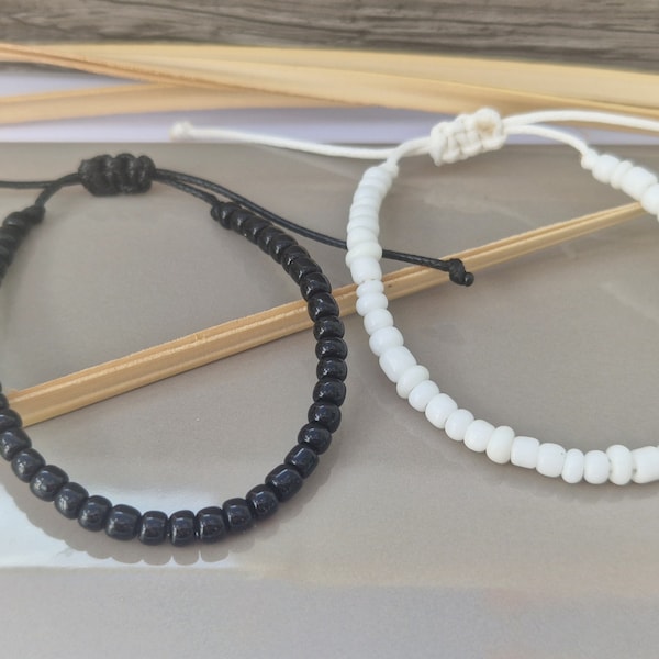 White or Black Beaded Bracelet, beaded bracelet, white bracelets, macrame beaded bracelet, adjustable bracelet, black seed bead bracelets