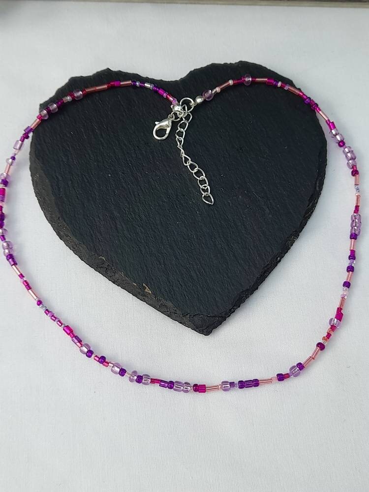 Purple Pink Single Strand Beaded Necklace, Beaded Necklace