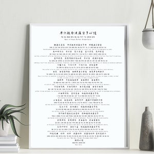 Könnte beinhalten: Ein Schwarzweißdruck des Herz-Sutras in einem weißen Rahmen. Der Text ist in chinesischen Schriftzeichen und enthält den Titel "Heart Sutra" in englischer Sprache.