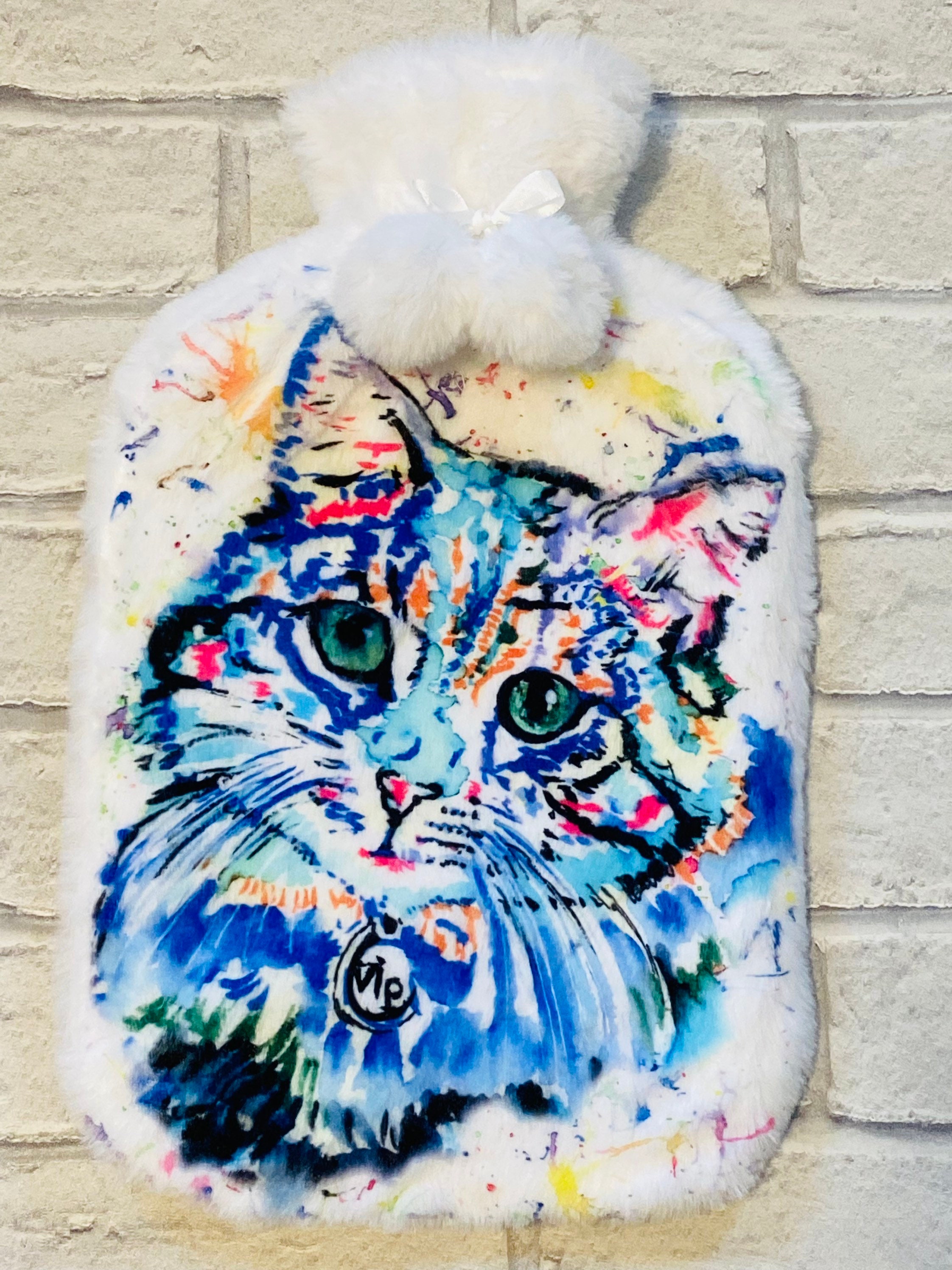 Cat Hot Water Bottle, Blue Cat, Fluffy Hot Water Bottle, Cat Lovers Gift, Hot Water Bottle With