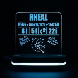 Birth Announcement LED night light | Birth Stats Sign | New born | Baby Boy | Personalized with baby info | Keepsake | Real Wood | RF Remote