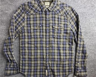 Lucky Brand Shirt Mens Green Blue Plaid Western Rodeo Flannel Long Sleeve Large