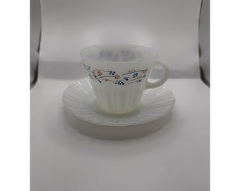 Vintage Termocrisa Milk Glass blue flower tea set for 4 cups and plate