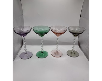 Vintage Twisted Stem Coupe Glasses Set Of 4 Multicolor Art Glass MCM