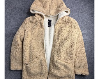 Me Jane Faux Fur Sherpa Lined Hooded Open Front Cardigan Jacket Cozy Coat Large