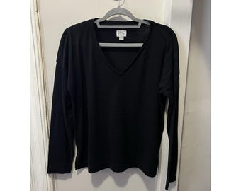 J Crew Shirt Women's L Black Vintage V Neck Long Sleeve Top Stretch