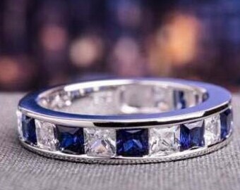 Sapphire Wedding Band, Engagement Ring, 1.7Ct Sapphire Band, 14K White Gold, Rings For Women, Diamond Band, Full Eternity Band, Gift For Her