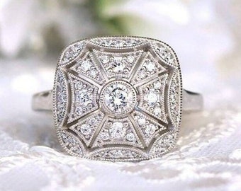 Art Deco Vinateg Ring, 1 Ct Round Bezel Set Diamond Ring, 14K White Gold Ring, Victorian Edwardian Vinatge Ring, Milgrain Engagement Ring